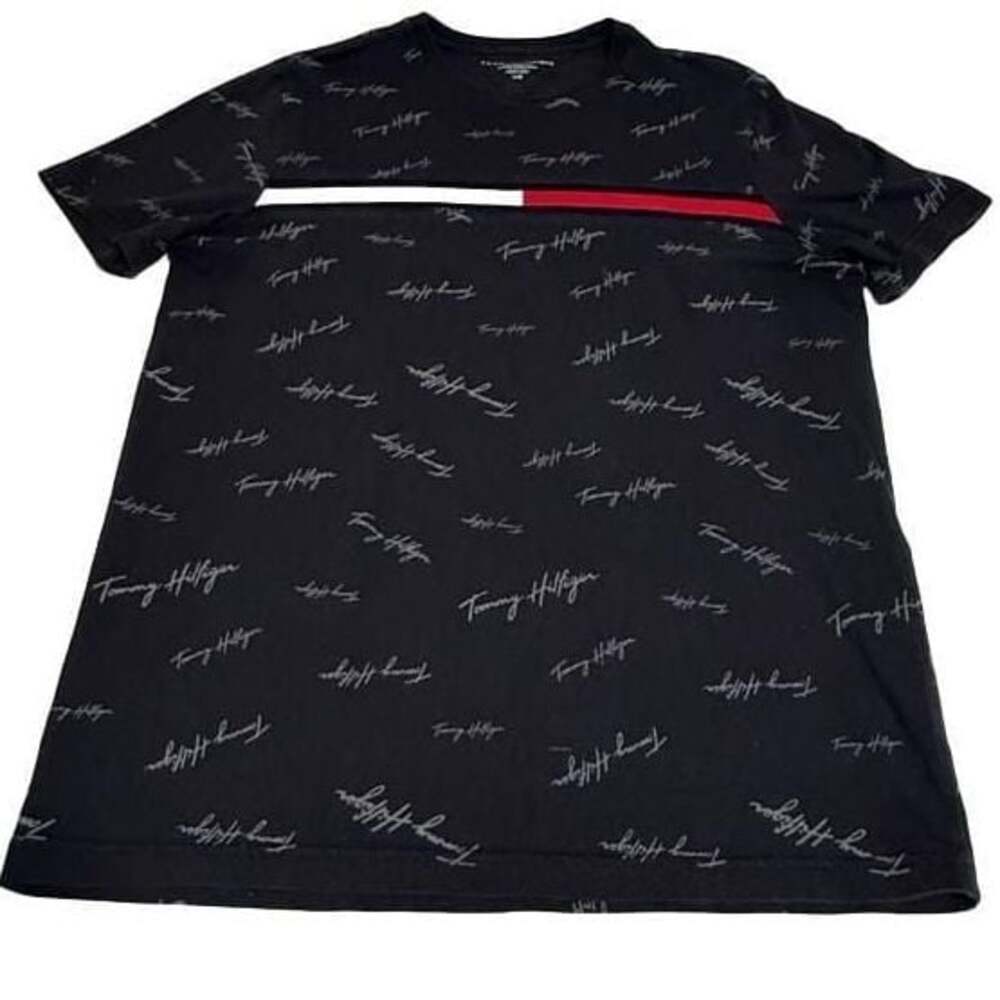 Tommy Hilfiger Mens L Black All Over Script Logo Stripe T-Shirt Regular Fit